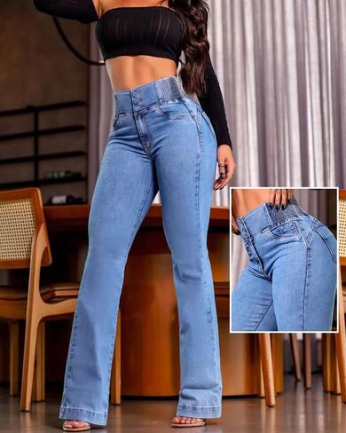 CHICME Women's High Waisted Jeans Stretchy Bootcut Pants with Elastic Waistband Denim Pants for Women in Saudi Arabia