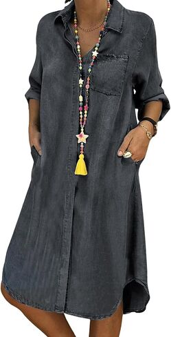utcoco Denim Dress for Women 2025 Casual Loose Long Sleeve Classic Vintage Button Down Jean Shirt Dresses with Pockets in Saudi Arabia