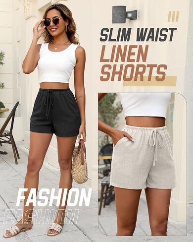 Huukeay 2 Pack Women's Casual Linen Shorts Comfy Drawstring High Waisted 2025 Summer Lightweight Beach Shorts with Pockets in Saudi Arabia