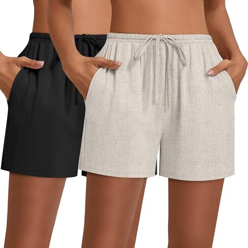 Huukeay 2 Pack Women's Casual Linen Shorts Comfy Drawstring High Waisted 2025 Summer Lightweight Beach Shorts with Pockets in Saudi Arabia