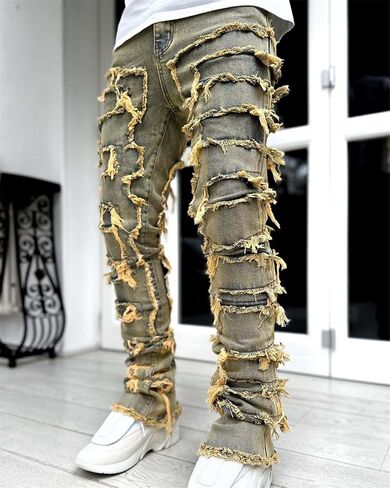 Andongnywell Mens Destroyed Straight Fit Jeans Ripped Skinny Biker Trousers Slim Fit Denim Pants with Zippers in Saudi Arabia