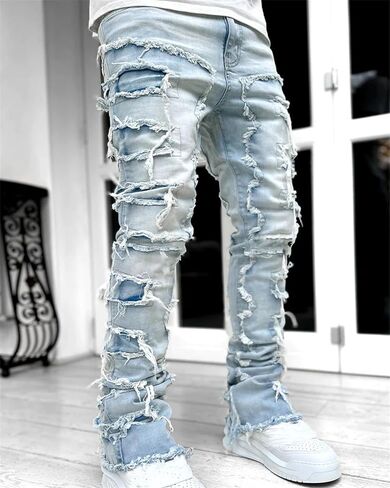 Andongnywell Mens Destroyed Straight Fit Jeans Ripped Skinny Biker Trousers Slim Fit Denim Pants with Zippers in Saudi Arabia