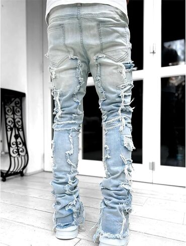 Andongnywell Mens Destroyed Straight Fit Jeans Ripped Skinny Biker Trousers Slim Fit Denim Pants with Zippers in Saudi Arabia