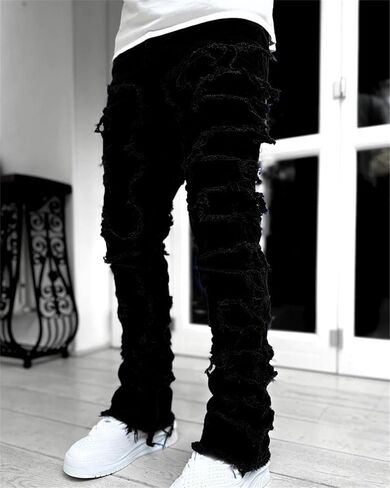 Andongnywell Mens Destroyed Straight Fit Jeans Ripped Skinny Biker Trousers Slim Fit Denim Pants with Zippers in Saudi Arabia
