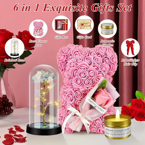 jibeufi 6 في 1 هدايا رومانسية لها ، هدايا عيد ميلاد زهرة روز لدب الصديقة امرأة أمي الابنة ، هدايا الزفاف ، تيدي بير للنساء (الورود الأحمر) in Kuwait