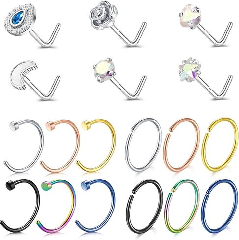 ZS 20G Stainless Steel Nose Rings for Women, Cute Heart L Shape Nose Stud Nose Hoops Ring, CZ Moon Flower Nose Piercing Jewelry Nostril Rings Set in Saudi Arabia