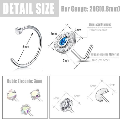 ZS 20G Stainless Steel Nose Rings for Women, Cute Heart L Shape Nose Stud Nose Hoops Ring, CZ Moon Flower Nose Piercing Jewelry Nostril Rings Set in Saudi Arabia