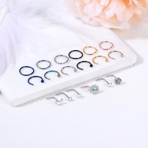 ZS 20G Stainless Steel Nose Rings for Women, Cute Heart L Shape Nose Stud Nose Hoops Ring, CZ Moon Flower Nose Piercing Jewelry Nostril Rings Set in Saudi Arabia