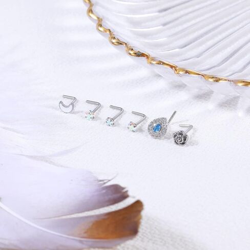 ZS 20G Stainless Steel Nose Rings for Women, Cute Heart L Shape Nose Stud Nose Hoops Ring, CZ Moon Flower Nose Piercing Jewelry Nostril Rings Set in Saudi Arabia