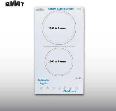 Summit Appliance CR2B23T4W Two-Burner 230V Radiant Cooktop in Smooth White Ceramic Schott Glass Surface with Digital Touch Controls, 9 Power Levels, Residual Heat Indicator Lights in Saudi Arabia