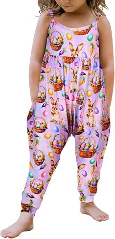 Yousie Easter Day Outfit for Toddler Girls Jumpsuit Romper Spring Summer Outfit with Pockets in Saudi Arabia