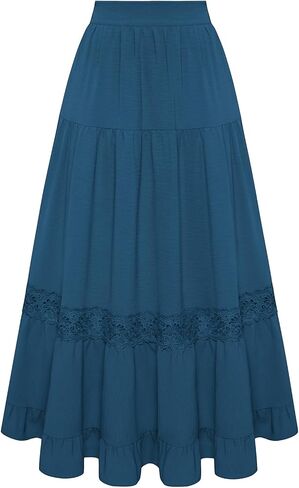 Belle Poque Women's Midi Skirt Boho Flowy Spring Summer Elastic Waist Aline Ruffle Lace Tiered Skirt with Pockets 2025 in Saudi Arabia