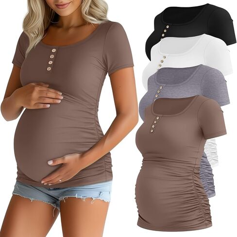 RIYIPER 4 PACK قمصان الأمومة النسائية ، Henley Scoop Neck Teee Tops Tops Short Sister Side Ruched Mama clothes in Saudi Arabia
