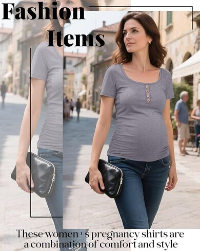 RIYIPER 4 PACK قمصان الأمومة النسائية ، Henley Scoop Neck Teee Tops Tops Short Sister Side Ruched Mama clothes in Saudi Arabia
