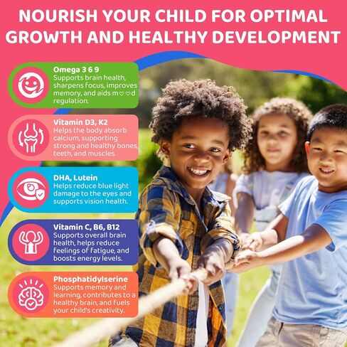 Omega 3 Gummies for Kids 4+ ، مع DHA ، فيتامين D3 K2 ، C ، B6 ، B12 ، Luetin & Omega 3 6 9 ، لا طعم الأسماك ، خالٍ من السكر فيتامينات ، من الحصانة in Kuwait