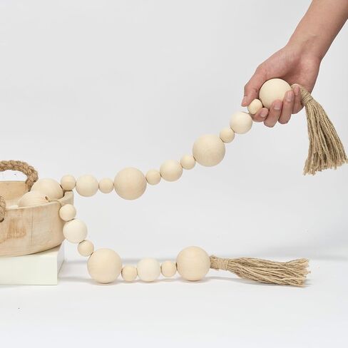 2" Extra Large Wood Bead Garland with Tassels, 44" Long Rustic Farmhouse Wooden Beads Garland, Decorative Beads Boho Decorations for Home Table Mantle Natural Beige in Saudi Arabia