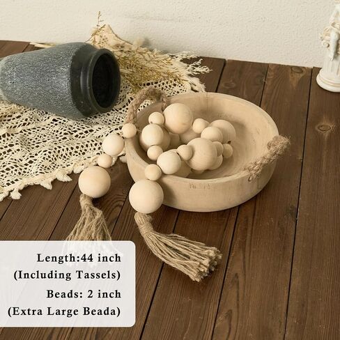 2" Extra Large Wood Bead Garland with Tassels, 44" Long Rustic Farmhouse Wooden Beads Garland, Decorative Beads Boho Decorations for Home Table Mantle Natural Beige in Saudi Arabia