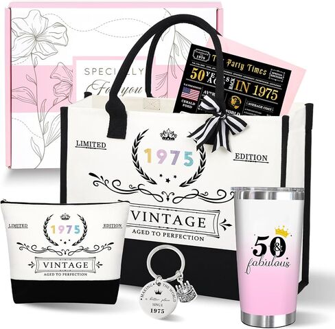 50th Birthday Gifts for Women Her, Funny Birthday Gifts for 50 Year Old Woman, Unique 50 Fabulous 1975 Tote Bag Set, Happy 50th BirthdayGift Basket for Her Mom Sister Friend Wife in Saudi Arabia
