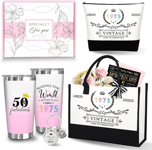 50th Birthday Gifts for Women Her, Funny Birthday Gifts for 50 Year Old Woman, Unique 50 Fabulous 1975 Tote Bag Set, Happy 50th BirthdayGift Basket for Her Mom Sister Friend Wife in Saudi Arabia