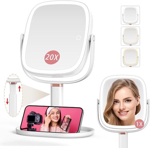 Mocado Makeup Mirror with Lights, 1X/20X Magnifying Mirror with Light, Vanity Mirror with 3 Colors Lights, Height Adjustable Lighted Makeup Mirror, Double Sided 360°Rotation, Memory Function (White) in Saudi Arabia