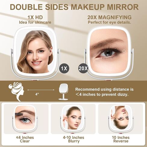 Mocado Makeup Mirror with Lights, 1X/20X Magnifying Mirror with Light, Vanity Mirror with 3 Colors Lights, Height Adjustable Lighted Makeup Mirror, Double Sided 360°Rotation, Memory Function (White) in Saudi Arabia