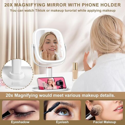 Mocado Makeup Mirror with Lights, 1X/20X Magnifying Mirror with Light, Vanity Mirror with 3 Colors Lights, Height Adjustable Lighted Makeup Mirror, Double Sided 360°Rotation, Memory Function (White) in Saudi Arabia
