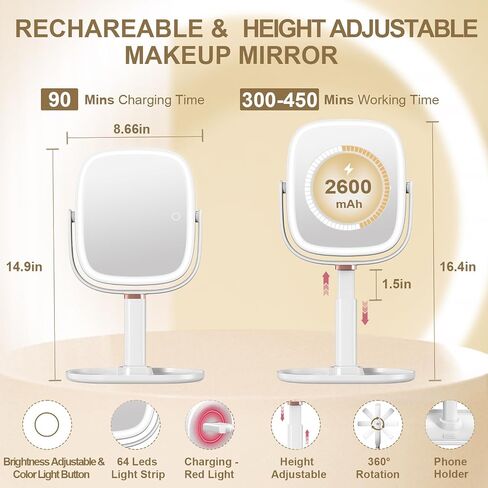 Mocado Makeup Mirror with Lights, 1X/20X Magnifying Mirror with Light, Vanity Mirror with 3 Colors Lights, Height Adjustable Lighted Makeup Mirror, Double Sided 360°Rotation, Memory Function (White) in Saudi Arabia