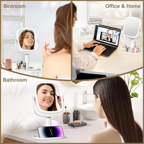 Mocado Makeup Mirror with Lights, 1X/20X Magnifying Mirror with Light, Vanity Mirror with 3 Colors Lights, Height Adjustable Lighted Makeup Mirror, Double Sided 360°Rotation, Memory Function (White) in Saudi Arabia