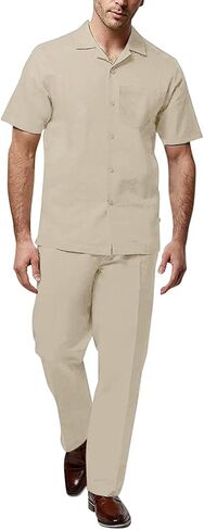 Adam Baker Men's 2-Piece (Long Pants and Short Sleeve Shirt) Linen-Cotton Blend Walking Suit Set in Saudi Arabia