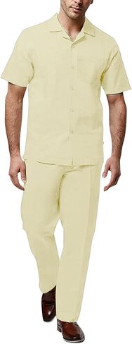 Adam Baker Men's 2-Piece (Long Pants and Short Sleeve Shirt) Linen-Cotton Blend Walking Suit Set in Saudi Arabia