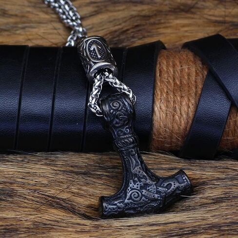 GuoShuang Viking Thor Hammer Mjolnir Necklace for Men Rune Amulet noridc Jewelry Viking Gift for Men (Silver) in Saudi Arabia