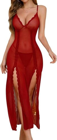 PITINAN Women Lingerie Lace Babydoll Chemise Sexy Mesh Nightdress V Neck Nightwear Side Split Nightgown S-XXL in Saudi Arabia