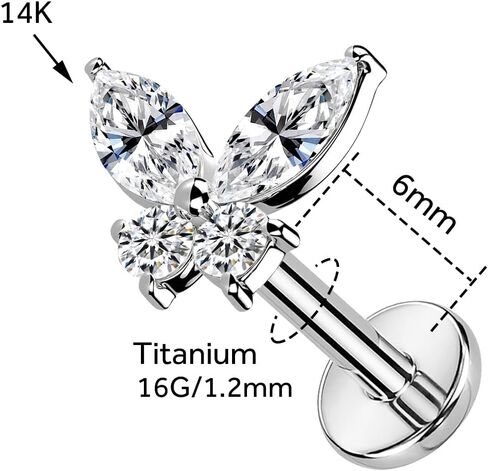 1pcs 14k غضروف الذهب الأبيض حلق للنساء ، 16g مسطحة الظهر المسطحة في ، الفراشة tragus helix labret stud مجوهرات ثقب المجوهرات in Saudi Arabia