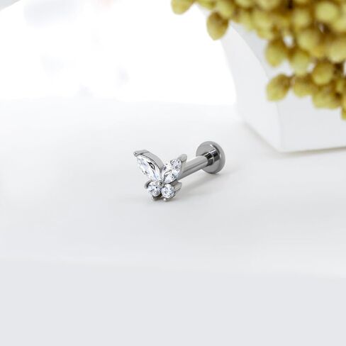 1pcs 14k غضروف الذهب الأبيض حلق للنساء ، 16g مسطحة الظهر المسطحة في ، الفراشة tragus helix labret stud مجوهرات ثقب المجوهرات in Saudi Arabia