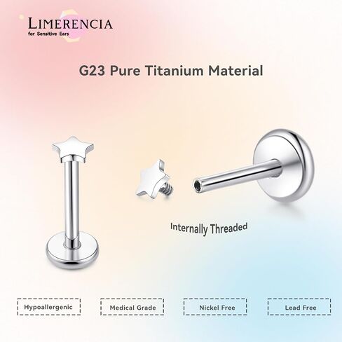 limerencia 18G Pure Titanium Body Piercing Jewelry, G23 Hypoallergenic Flat Back Internally Threaded Tragus Helix Cartilage Conch Medusa Lip Labret Piercing Stud Earrings for Women Men in Saudi Arabia