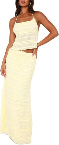 Women 2 Piece Chiffon Sets Shirred Halter Neck Tie-Up Tank Tops and Ruched Ruffle Maxi Skirt Streetwear in Kuwait