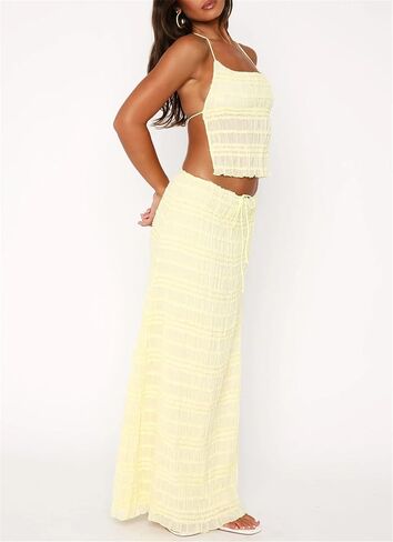 Women 2 Piece Chiffon Sets Shirred Halter Neck Tie-Up Tank Tops and Ruched Ruffle Maxi Skirt Streetwear in Kuwait