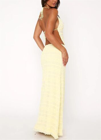 Women 2 Piece Chiffon Sets Shirred Halter Neck Tie-Up Tank Tops and Ruched Ruffle Maxi Skirt Streetwear in Kuwait