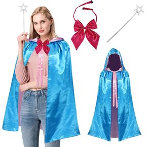 3PCS Halloween fairy Costume Blue Hooded Cloak with Pink Bow Tie and Star Stick Cosplay Godparent Princess Queen Outfit