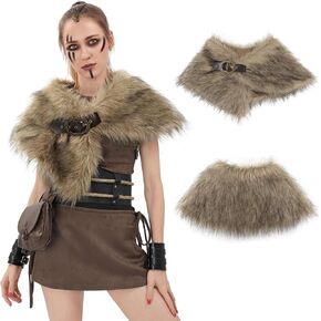 PROCOS Medieval Faux Fur Shawl Collar Neck Warmer Wrap Womens Scarf Stoles Cape for LARP Festival Warrior Costume