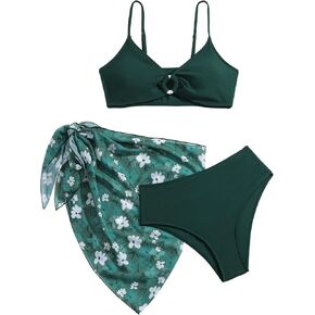 SHENHE Girl's 3 Piece Cute Spaghetti Strap Triangle Bikini Swimsuit with Beach Cover Up O Ring Green 16 Years