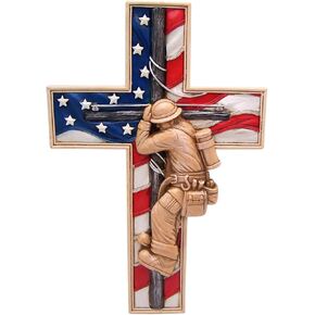 Wowser Patriotic Wall Hanging Cross with Electrical Lineman, Unique Gifts for Electrical Linemans, Religious Home & Office Decor, 11.75 Inches