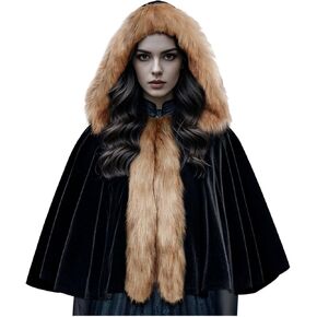 Joukavor Medieval Velvet Cape with Hood Women Short Renaissance Hooded Cape Shawl