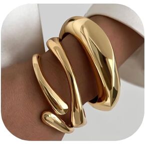 Chunky Gold Bangle Bracelets for Women, Dainty 14k Gold Plated Big Stackable Bangles Set, Trendy Cuff Bracelet Stack Fashion Jewelry Gifts