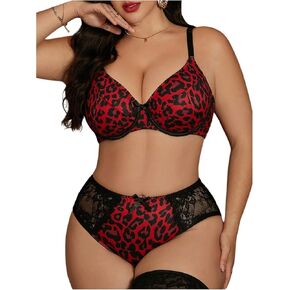 MakeMeChic Women's Plus Size 2 Piece Lingerie Set Leopard Print Floral Lace Bow Knot Bra and Panty Sets