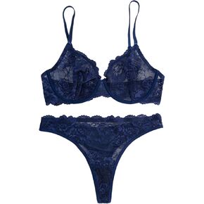 SOLY HUX Lingerie for Women Flora Lace Push Up Bra and Panty Set 2 Piece Sexy Underwear Outfits