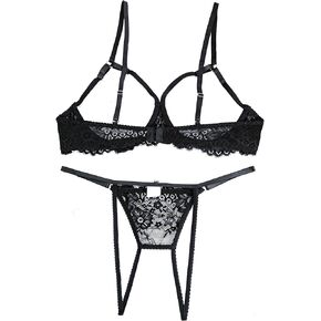 Women's Plus Size 2 Piece Lingerie Set Floral Sexy Underwire Lace Sheer Underwear BabyDoll See Through Bra