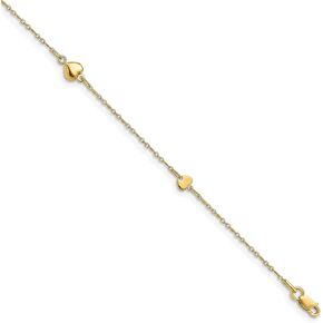 Avariah Solid 14K Yellow Gold Polished Heart w/1in ext. Anklet - 10" - Made In Italy