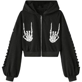 WDIRARA Girl's Skeleton Skull Graphic Zip Up Hoodie Ripped Long Sleeve Halloween Sweatshirt Hooded Top