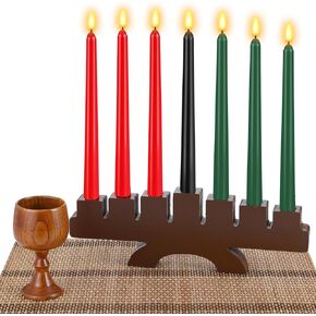 10 Pcs Kwanzaa Kinara Set - 3 Red, 3 Green, 1 Black Kwanzaa Candles Holder with Bamboo Table Mat & Wooden Wine Goblet for Celebration Decoration